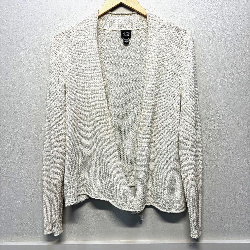 Eileen Fisher Italian Yarn Loose Knit Open Cream Cardigan Sweater Jacket Sz L